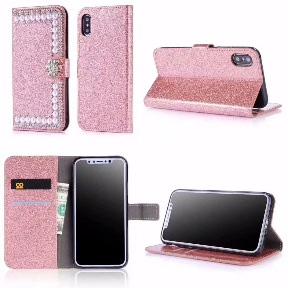 

XINGDUO Glitter Diamonds flower Wallet Case for iphone X XS MAX XR Luxury Pearl PU Flipped phone case for iphone 5 5S 7 8 6 6S