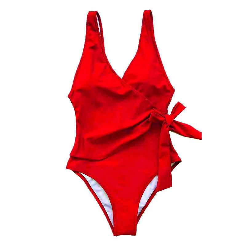 Сексуальный цельный купальник с завязками, купальный костюм, однотонная одежда для плавания, Женский Монокини, купальные костюмы, топ с лямкой через шею, пуш-ап, боди для плавания - Цвет: red