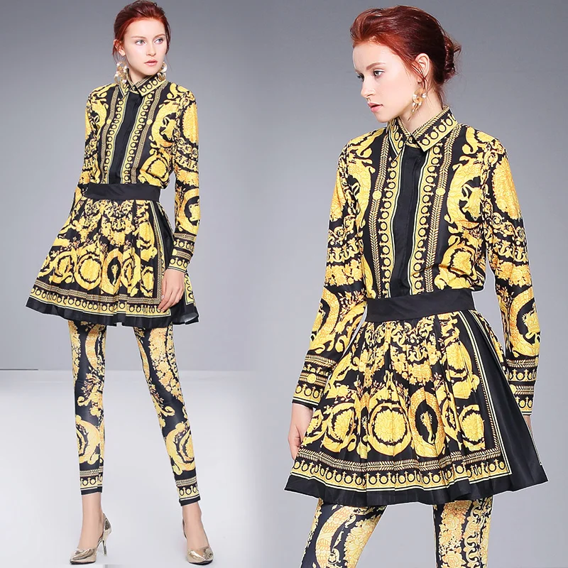 

2018 autumn fashion design runway tousers suit 3pcs women's long sleeve pattern print pullovers top+ vintage pants skirts set