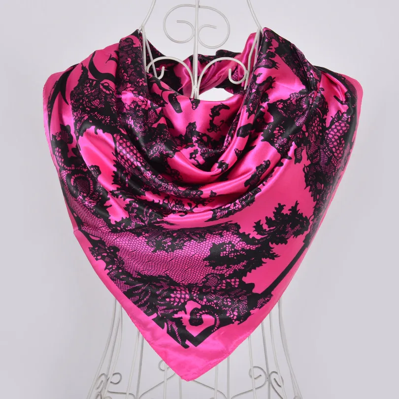 hot pink 613 Элегантный женский большой квадратный шелковый шарф с принтом, 90*90 см, модный весенний и осенний серый и фиолетовый Шелковый шарф из полиэстера, шаль - Цвет: hot pink 613