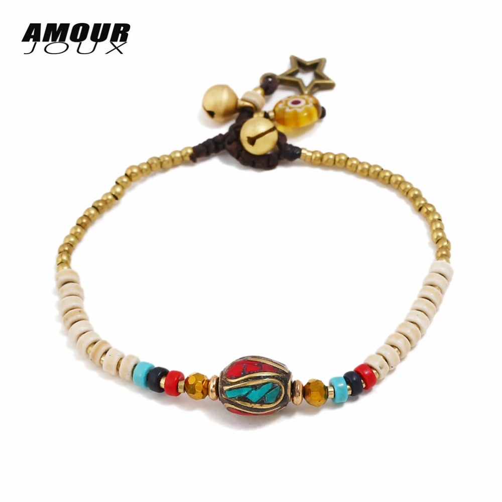#*Cheap Gypsy Style Handmade Nepal Stone Charm White Beaded Chain Bracelet Ethnic Sting Bracelets For Women Bohemian Jewelry
