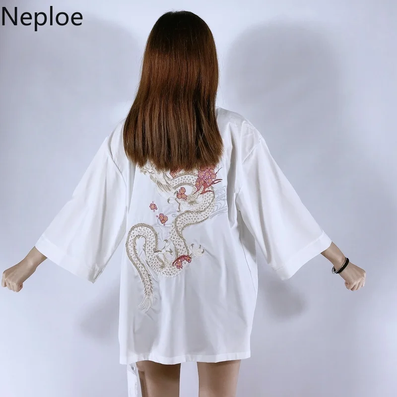 Neploe Harajuku японское кимоно кардиган Винтаж Лето Вишневый дракон вышивка рубашки черный белый Chimono женская одежда