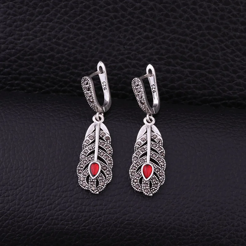 Sellsets New Vintage Silver Color Feather Earring Black CZ Rhinestone Dangle Drop Earrings Women Jewelry Party Gift