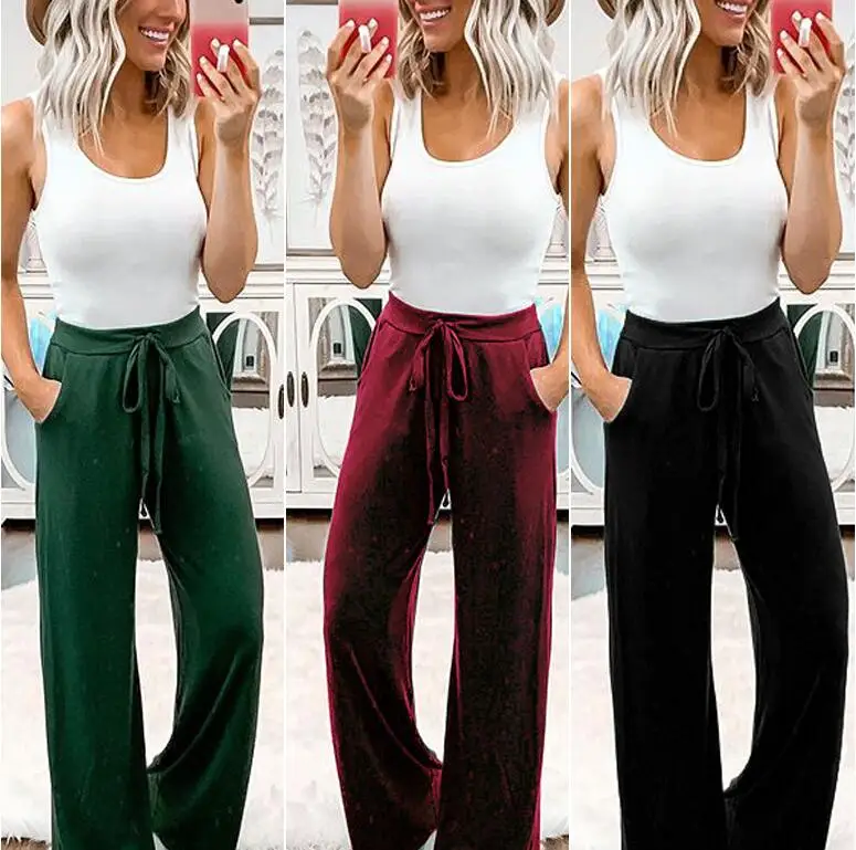 

2019 Summer Autumn Fashion Women Solid Color Wide Leg Pants Casual Ladies Loose High Elastic Palazzo Trousers