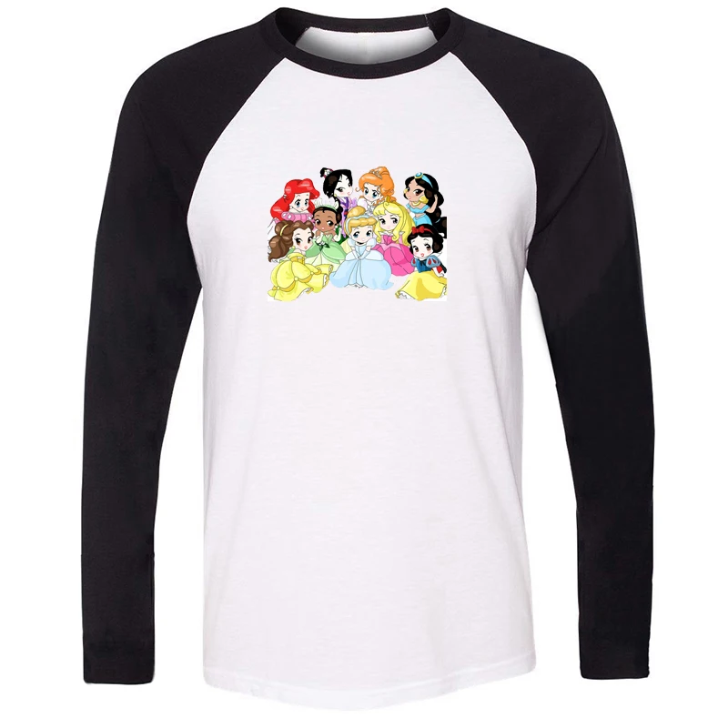 

Cute Princess Ariel Belle Snow White Raglan Long Sleeve T Shirt Men Cosplay Family Graphic Tee Shirts Boy Patchwork Tops