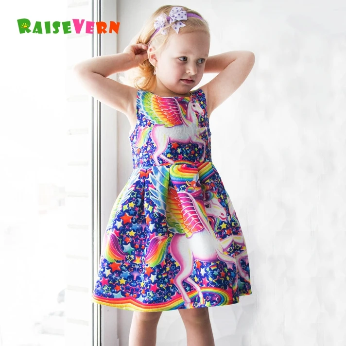 

2018 Girl Rainbow Unicorn Print Dress Kid Princess Floral Dress Cute Unicornio Children Licorne Pattern Birthday Party Clothes