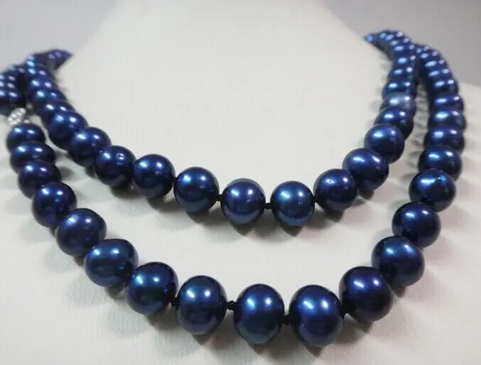 

stunning AAA 9-10mm round tahitian black blue pearl necklace 38inc 14KGP