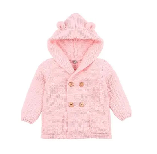 Детский вязаный кардиган; сезон осень-зима; свитер со съемным меховым капюшоном для новорожденных мальчиков; трикотажная одежда для девочки; цвет розовый; детская одежда с длинными рукавами - Цвет: Pink