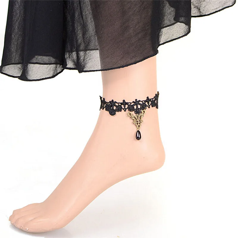 

Gothic Anklet Chain Black Lace Woven Adjustable Flowers Water Drop Pendant Foot Ankle Jewelry