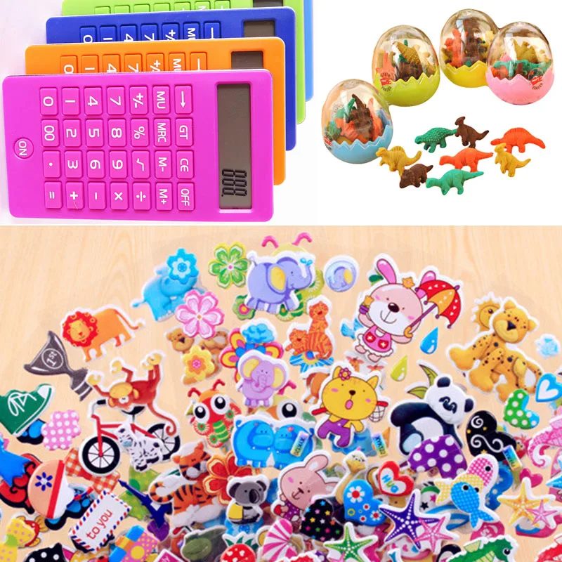 

Fashion Simple Kids Stationery Set Creative 10 Sheets Animal Stickers+1 Mini Dinosaur Egg Eraser+1pcs Random 12-digit calculator