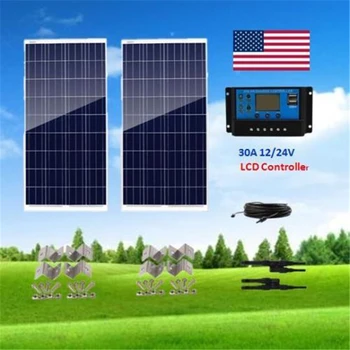 

200 Watt Solar Panel Polycrystalline Bundle Kit 2X100W Solar Panel W/ 30A LCD Solar Charge controller Off Grid 12V RV Boat Home