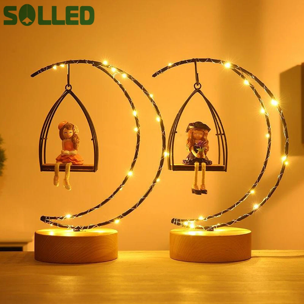 

SOLLED Girls Moon Shape LED Desk Lamp Fairy Lights Bedroom Nightlights Resin Craft Toy Decoration