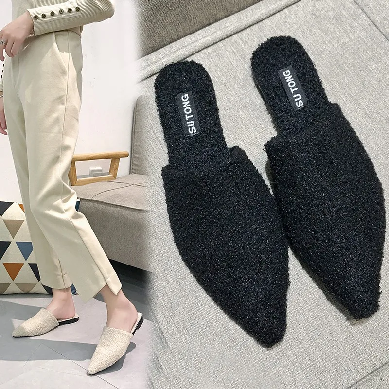 

Lazy Curl fur slipper ladies mules closed toe early spring slides brief women flat loafer shoes comfy babouche korean female new