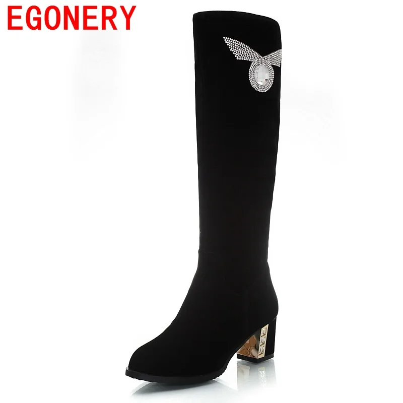 

EGONERY 2018 knee high boots office lady grind arenaceous rhinestone decoration winter zipper wear-resisting solid women boots