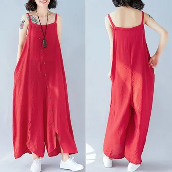 

Women Fashion Solid Color Jumpsuit Plus Size Loose Sleeveless Romper Jumpsuit Long Trousers Work Button Down Overalls Pants #618