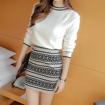 

Tracksuits Sale 2 Piece Set Women 2019 Autumn Knitted Dress Long-sleeve Two Of Sweater Crop Top And Skirt Survetement Femme