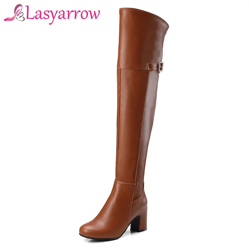 

Lasyarrow Round Toe Zipper Motorcycle Boots Fashion Buckle Thigh High Long Boots Black Brown Over the Knee Boots Woman Chunky