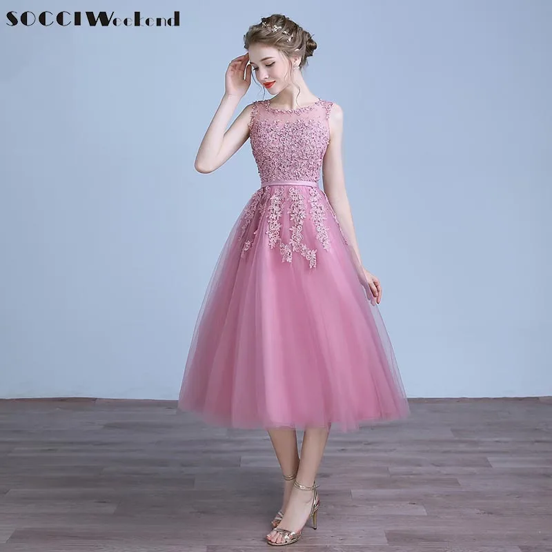 

SOCCI Tulle Lace Appliques Evening Dress 2019 Red Zipper Back A-line Formal Wedding Party Dresses Pearls Beading Reception Gowns