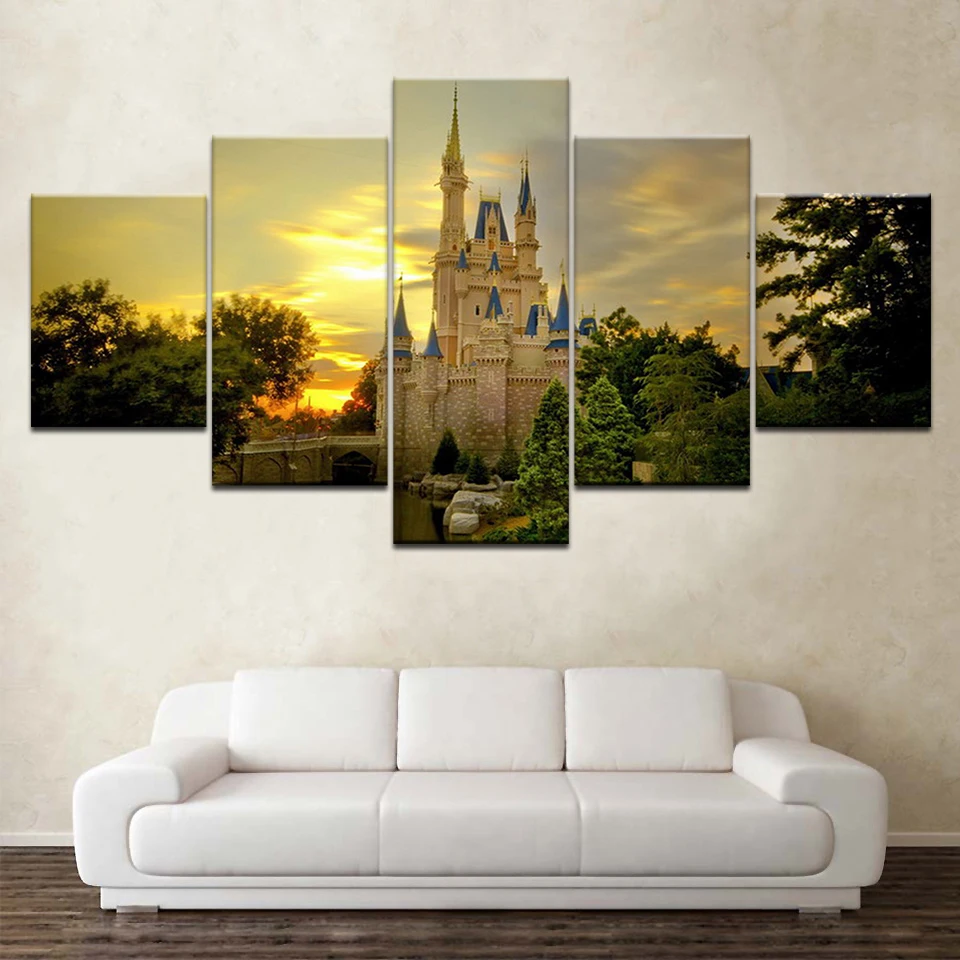 

The princess castle modern Modular 5 panel HD Print wall Poster Canvas painting for Living Room Home Decor