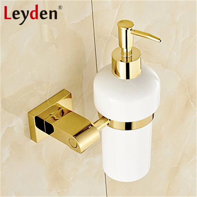 Leyden Golden Liquid Soap Dispenser With Ceramic Container/Bottle Wall Mounted Brass Soap Dispenser Set Bathroom Accessories Leyden Golden Liquid Soap Dispenser With Ceramic Container/Bottle Wall Mounted Brass Soap Dispenser Set Bathroom Accessories