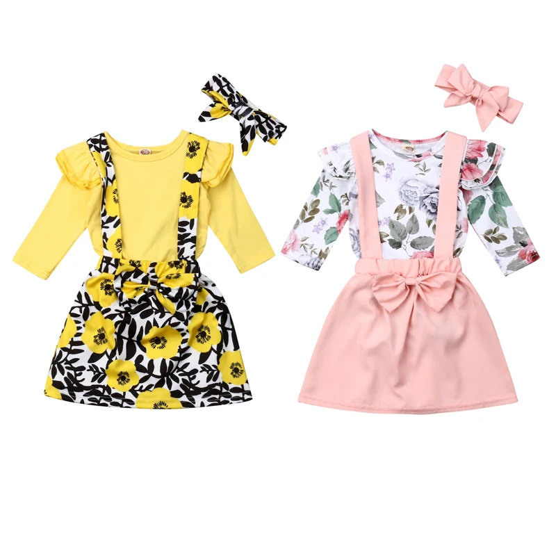 

0-24M Newborn Baby Girl Long Sleeve Cotton Bodysuit Tops Bowknot Suspender Dress Headband 3PCS Princess Girls Clothes Set