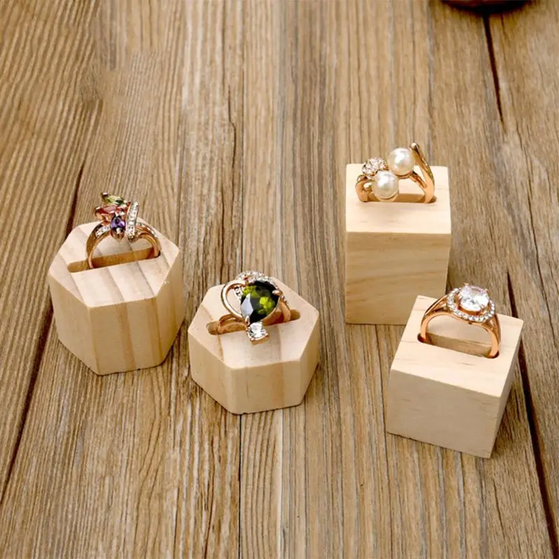 

2pcs Ring Display Rack Jewelry Showcase Couple Wood Holder Shelf Cone Organizer