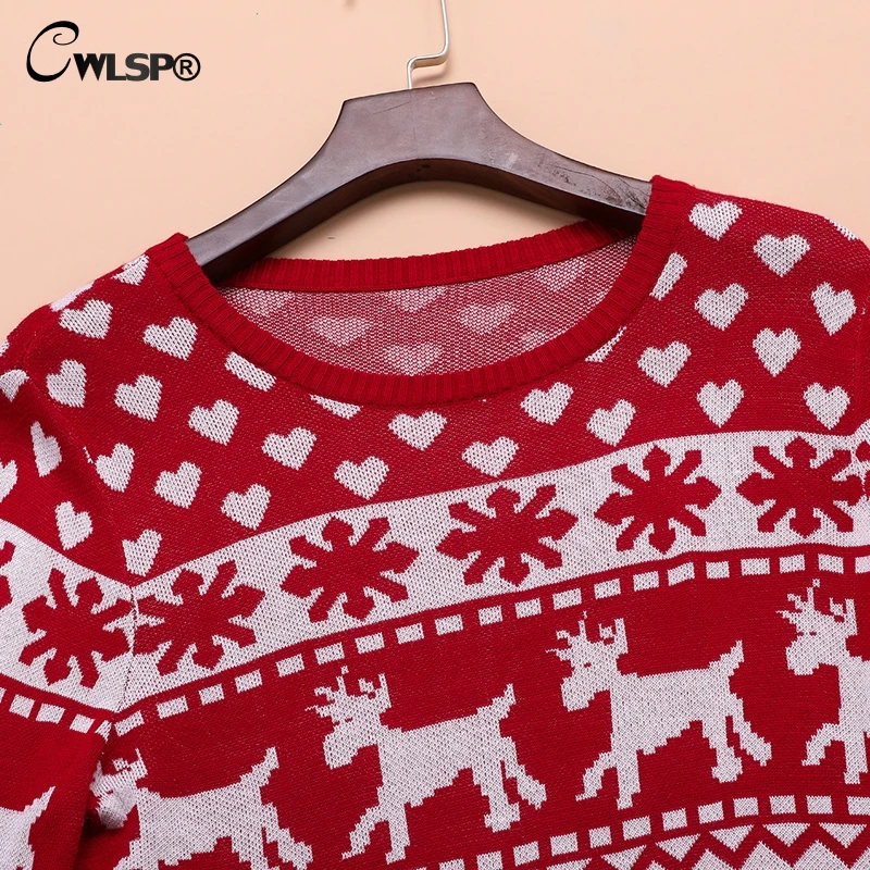 CWLSP Winter Sweater Christmas tops for women Long sleeve O neck Patchwork Sweaters Deer tee QZ2404