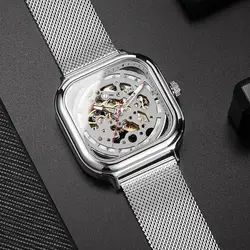 Модные серебристые с 3D скелетом автоматические квадратные механические часы мужские светящиеся стрелки наручные часы Мужские Аналоговые