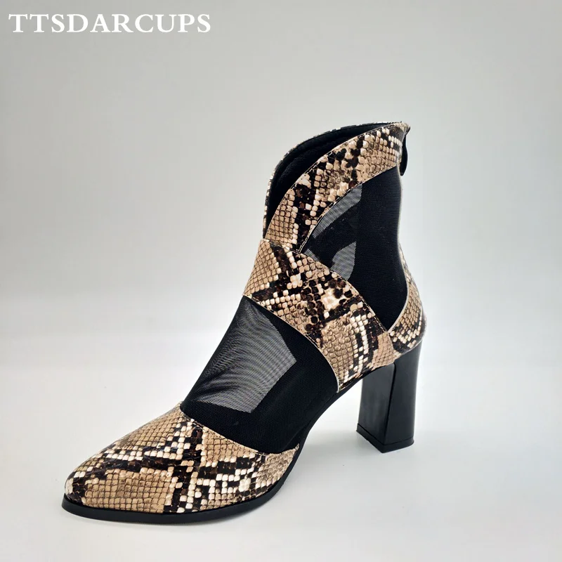 

New Summer Shoes Woman Leather mesh high heels Black SNAKE-PRINT two-color breathable boots Plus Size 35-40 Sexy Fashion Banquet