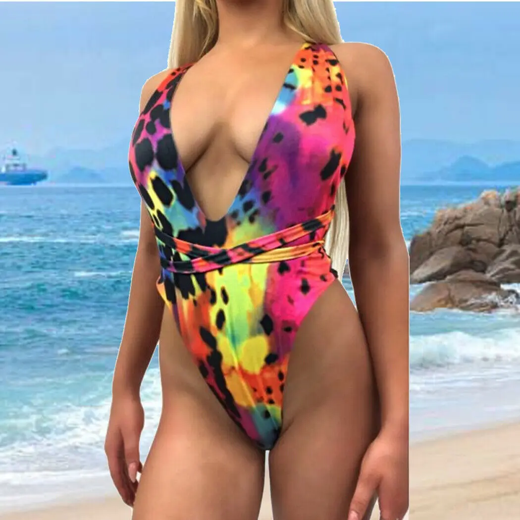 

Womens Leopard Snakeskin Print Adjusted Sashes High Cut Monokini Bikinis One-Piece Swimwear Swimsuit Swimming Costume