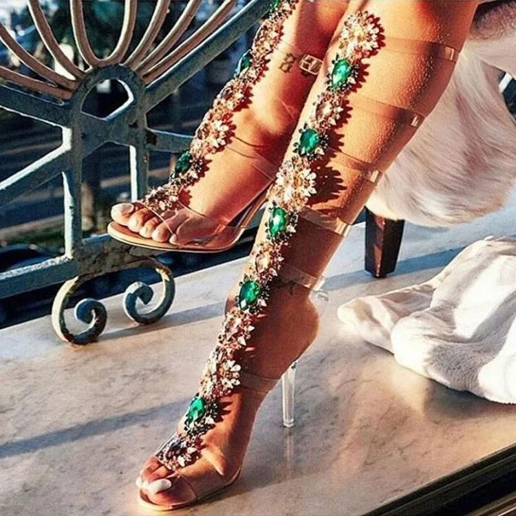 

Elegant Woman Rhinestone PVC Transparent Sandal Boots Peep Toe Cut-out Strap Summer Dress Shoes Knee High Sandals Boots