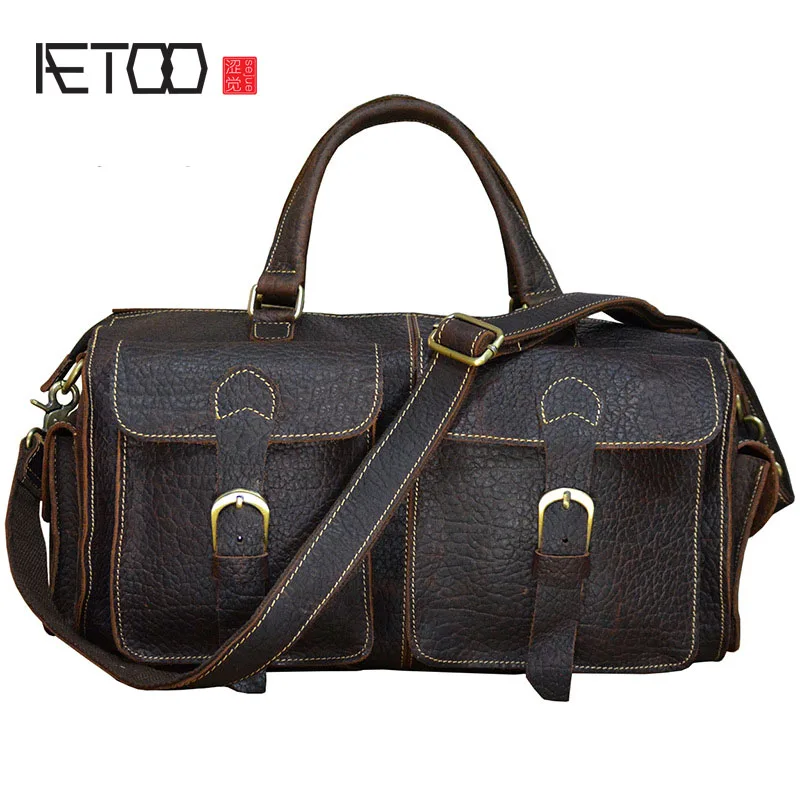 

AETOO Men's vintage package tour package of crazy horse skin, lychee bag genuine leather duffel bag