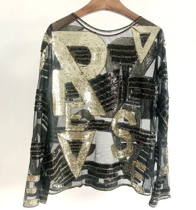 Letter Striped Beading Sequined Blouse Women 12