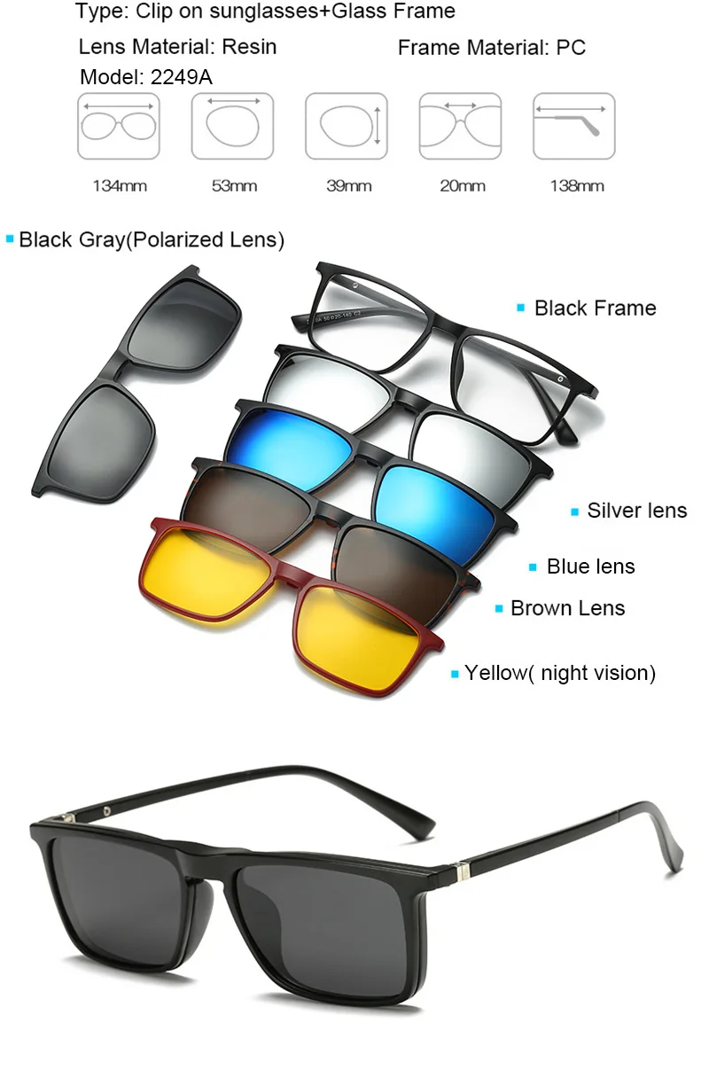 Очки по рецепту, мужские очки, оправа для мужчин и женщин, 5 клипсов, поляризованные солнцезащитные очки, магнитные очки, мужские очки для вождения, близорукость, оптические - Цвет оправы: 2249