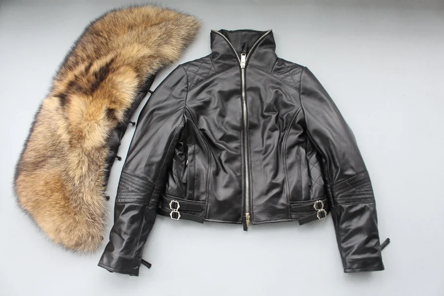 genuine sheepskin leather jacket with real big raccoon fur collar (20)