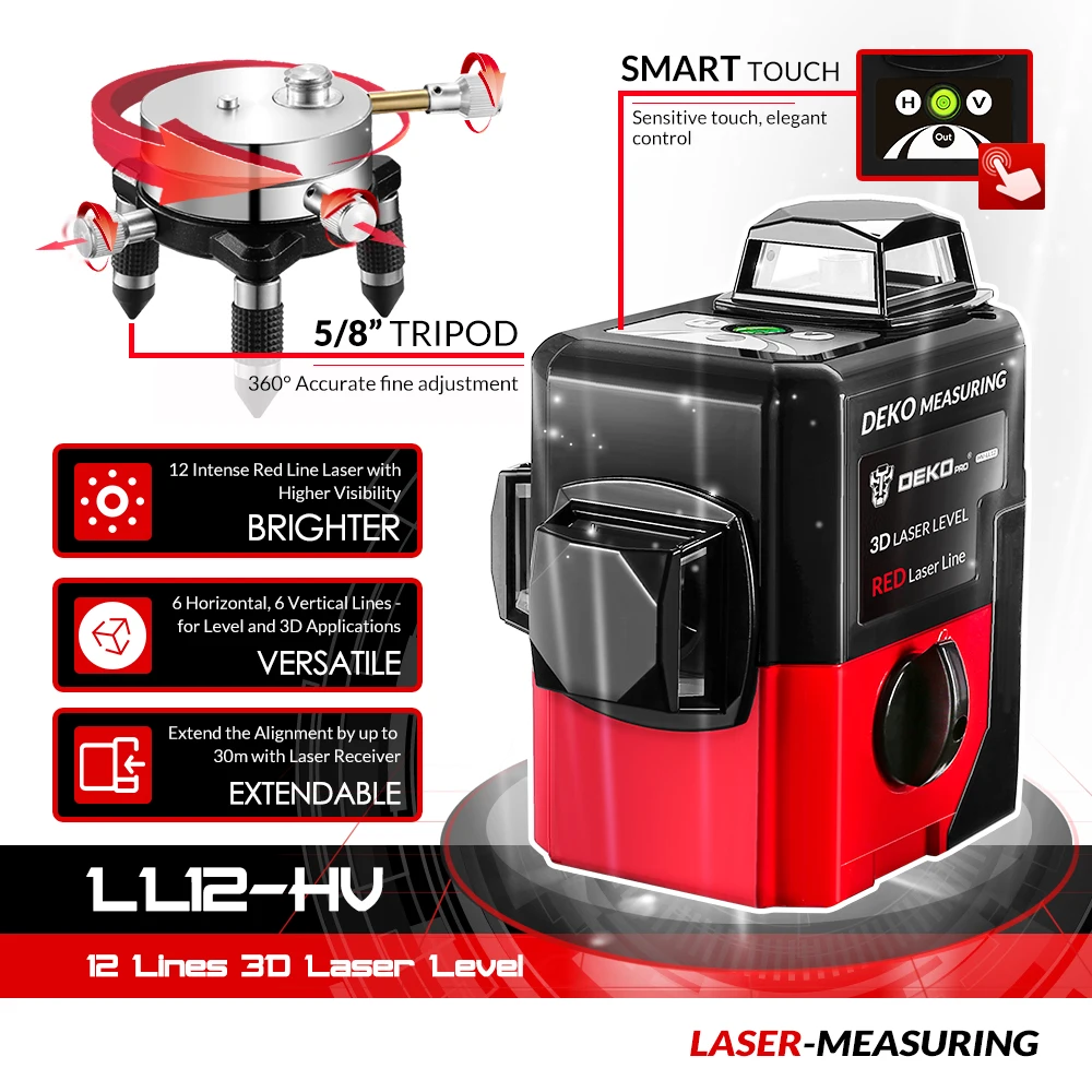 DEKO Original LL12-HV 12Lines 3D Laser Level Self-Leveling 360 degre Horizontal & Vertical Cross Outdoor can use Detector