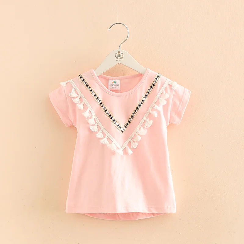 Одежда для девочек коллекция года, летняя хлопковая Однотонная футболка белого и розового цвета с v-образным вырезом и кисточками для девочек возрастом от 2 до 10 лет