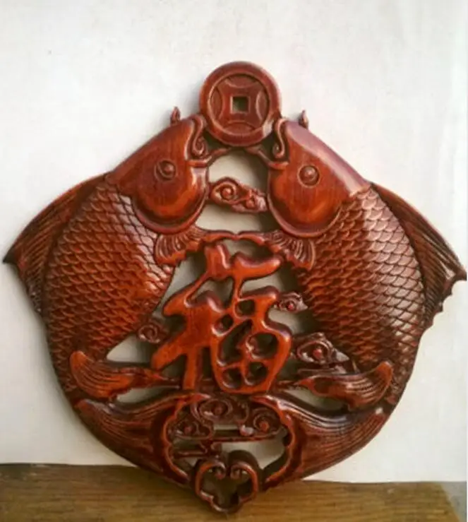 

Chinese Wood Carved Animal Double Fishes Bitting Coin Safe And Good Luck Pendant Exquisite Statue