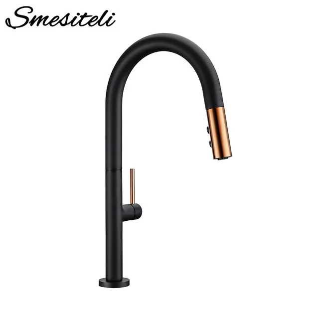 Cheap Smesiteli Pull Out Rotation Spray Mixer Kitchen Faucet Matte Black Cold And Hot Water Single Handle Brass Kitchen Sink Faucet