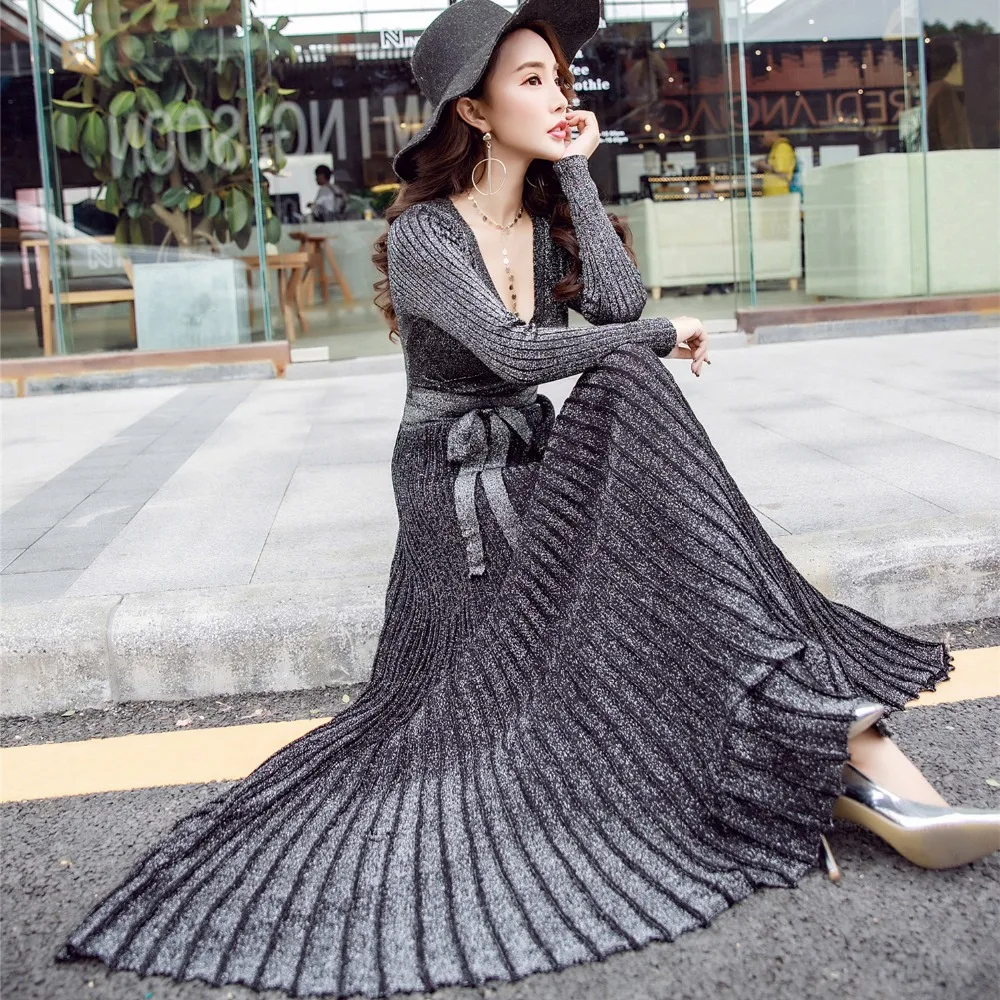 2018 spring autumn silver silk knit Sexy V neck dress women knitting sweater pleated Dress Maxi Party Dresses Vestido De Festa 2018 spring autumn silver silk knit Sexy V neck dress women knitting sweater pleated Dress Maxi Party Dresses Vestido De Festa
