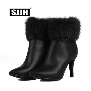 

SJJH Women Stiletto Ankle Boots with Point Toe Faux Fur Short Plush Zip Chelsea Boot Soft PU Fashion Party Shoes Large Size Q458