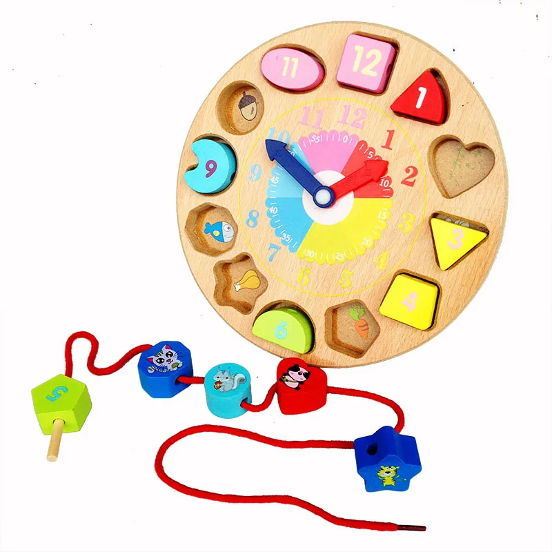

Free shipping Digital clock animal threading building blocks kids scale models toys wooden children toys