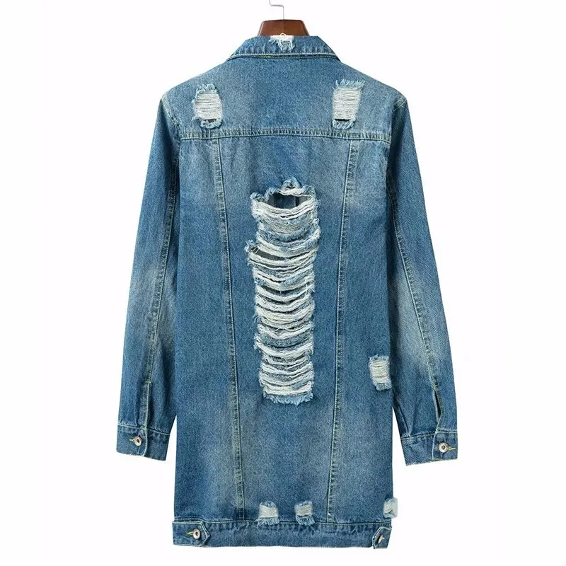 Taille Nouvelle Bleu Turn Bl082 Col Blue Unique Longue 2018 Poche Large Automne Mode down Denim À Déchiqueté Poitrine Manteau Femme ewq Sxwfnpqw