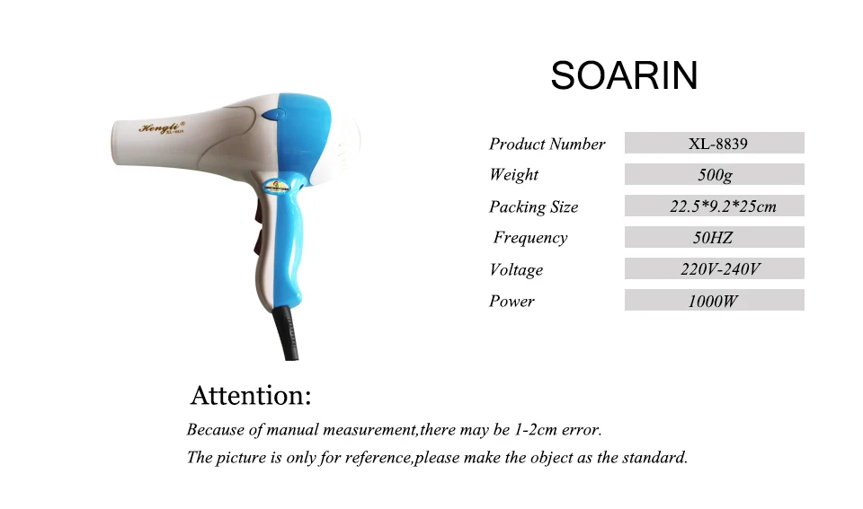 SOARIN Электрический Фен синий и белый Electric-Motor-1000w фен инструменты для парикмахерских фен для волос Termostato