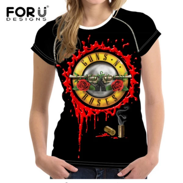 FORUDESIGNS/Черная 3D женская футболка с коротким рукавом Повседневная рок-группа guns N Футболка розы Топы для женщин крутая женская футболка плюс размер - Цвет: H1276BV