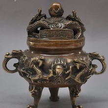 Bi001987 китай буддизм бронзовый Дракон Играть Бисера зверь ноги статуя курильница Курильница