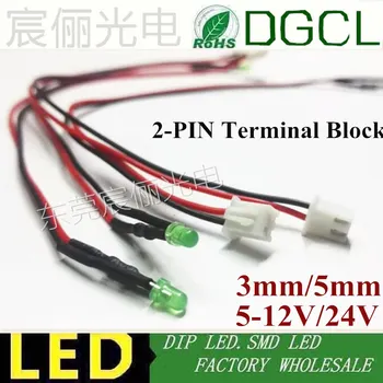 

100pcs 12V/24V Pre-wired 3mm 5mm LEDs bulb with 2-PIN Terminal Block Warm white/Red/Green/Blue/Yellow/White 20cm Prewired LED