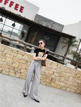 

2019 Summer Women Loose Ruffles Solid Wide Leg Pants Office Lady Fashion High Waist Lace Up Loose Trousers