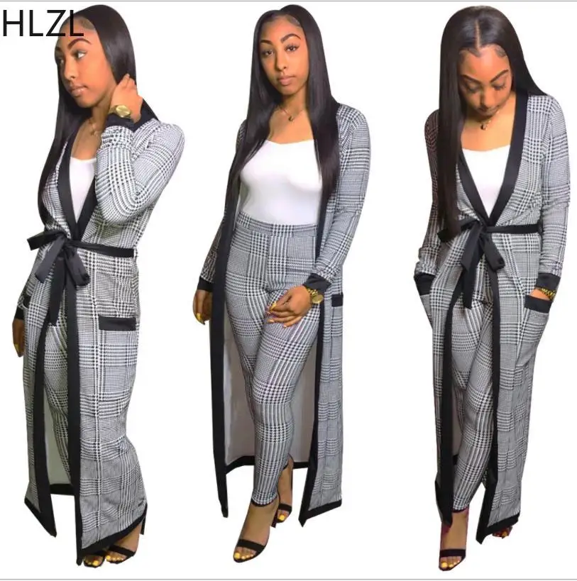 

2019 Elegant African Suits for Women Grey Houndstooth Long Cardigan Coat with Belt and Long Pants Trousers Africa Sets Woman