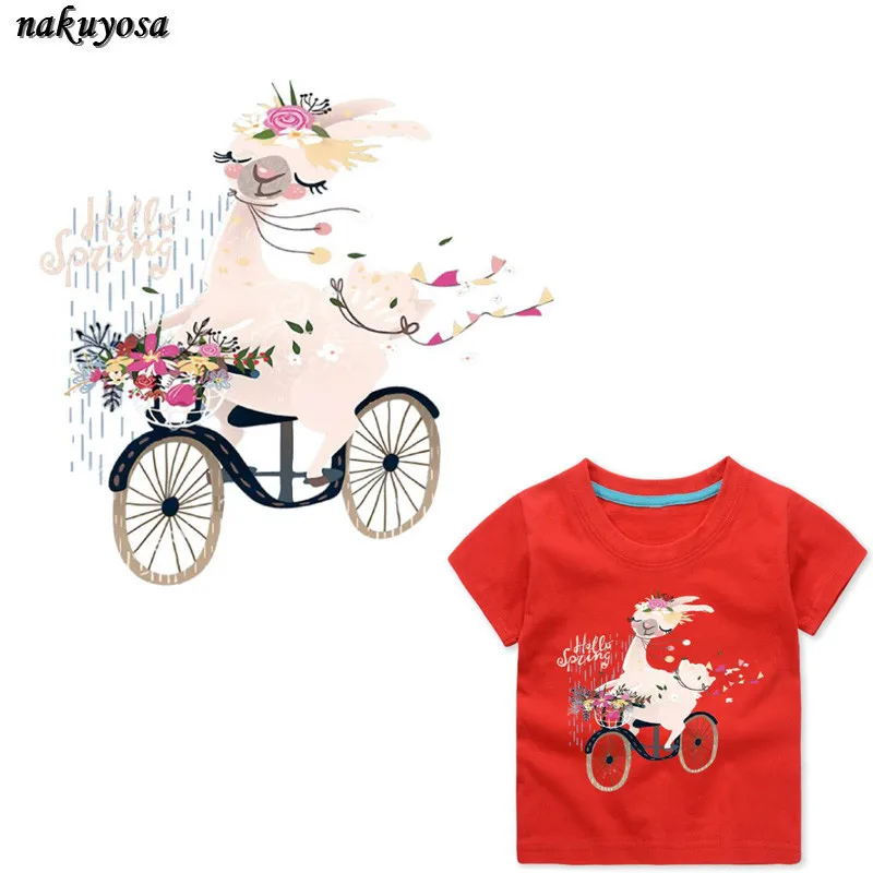 

5pcs Happy Alpaca ride byecle patches Iron-On Heat Transfers flower Ironing Stickers On Clothes Iron On Patches For T-shirt